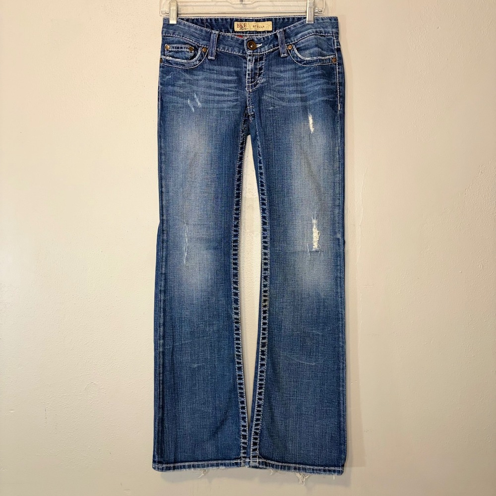 BKE Stella Bootcut Jeans 25x31.5 Medium Wash Distressed Thick Stitch Low Rise